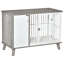 Load image into Gallery viewer, PawHut Dog Crate Pet Kennel Cage Wooden Top End Table w/ Side Cabinet Soft Cushion for Small Dogs Grey 98 x 48 x 70.5 cm