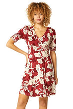 Load image into Gallery viewer, Roman Originals Women Fit & Flare Skater Dress Ladies Stretch Jersey Casual Summer Autumn Winter Party Beach Cruise Holiday V-Neck Knee Length - Wine & White - Size 8