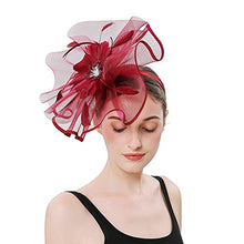 Load image into Gallery viewer, YILEEGOO Women Fascinators Hat Mesh Flower Feathers Hair Clip Hairpin Cocktail Wedding Tea Party Church Hairband (Burgundy, One Size)