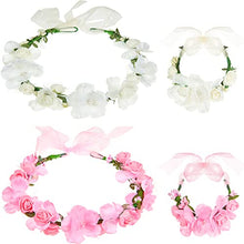 Load image into Gallery viewer, 2 Pieces Flower Wreath Crown Floral Garland Headband with 2 Wristbands Set, Adjustable Festival Headwear Bride Headdress Bridal Headpiece Wedding Hair Accessories for Women Girls Kids, Pink and White