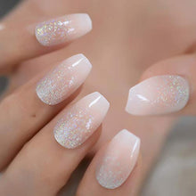 Load image into Gallery viewer, EchiQ Holo Glitter Pink Nude French Ballerina Coffin False Nails Gradient Natural Press on Fake Nails Tips Daily Office Finger Wear