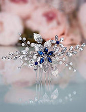 Load image into Gallery viewer, Anglacesmade Bridal Sapphire Crystal Hair Comb Pearl Blue Crystal Leaf Marquise Hair Piece Prom Party Festival Wedding Hair Accessories for Women and Girls (Silver)