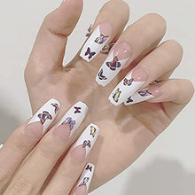 Load image into Gallery viewer, Brishow Coffin False Nails Butterfly Press on Nails White Long Fake Nails Ballerina Acrylic Stick on Nails 24pcs for Women Girls
