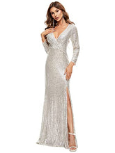 Load image into Gallery viewer, Ever-Pretty Women's V Neck Floor Length Long Sleeve Thigh High Slit Sequin Mermaid Ball Evening Dresses Champagne 16UK
