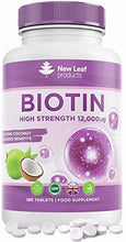 Load image into Gallery viewer, Biotin Hair Growth Supplement Maximum Strength Biotin Tablets 12000mcg (1 Year Supply) Enriched with Coconut Oil Absorbency, Hair, Skin and Nails Vitamins for Women & Men 1 A Day Vegan, UK Made