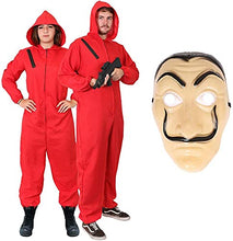 Load image into Gallery viewer, LADIES ADULTS UNISEX BANK ROBBER FANCY DRESS COSTUME. RED JUMP SUIT WITH HOOD COSTUME + SALVADOR DALI MASK. TV SHOW FANCY DRESS. SIZE: SMALL