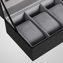 Load image into Gallery viewer, SONGMICS 6-Slot Watch Box, Glass Topped Watch Display Storage Case as Gift, with Velvet Lining, Cushions, and Lock, 30 x 11.2 x 8 cm, Black Synthetic Leather, Grey Lining JWB06BK