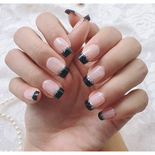 Load image into Gallery viewer, YUNAI French Fake Nail Nude Nails with Black and Glitter Top Artificail Nails for Daily Wear Medium-Long Size Nails