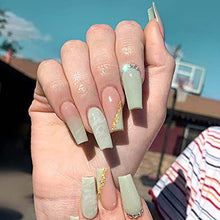 Load image into Gallery viewer, RikView Press on Nails Long Acrylic Nails Coffin Fake Nails Green Nails with Rhinestones