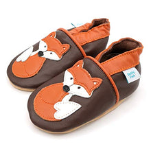 Load image into Gallery viewer, Dotty Fish Soft Leather Baby Shoes. Toddler Shoes. Boys and Girls. Non Slip. Brown Shoe with Fox. 0-6 Months (1 UK Child)