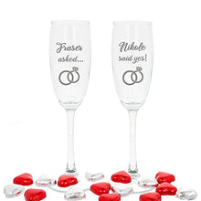 Load image into Gallery viewer, Personalised Engraved Engagement Set of 2 Champagne Flute Glass Set Asked Said Yes with Names Congratulations on Your Engagement Gift (Filled with Chocolate Hearts)