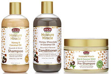 Load image into Gallery viewer, African Pride Moisture Miracle Pre-Shampoo Detangle & Conditioner, Shampoo and Conditioner SET of 3, Coconut Oil, Honey, Chococlate, Coconout Oil, Aloe & Coconut Water