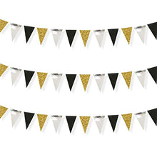 Load image into Gallery viewer, 30 Feet Double Sided Glitter Paper Triangle Flag,Bunting Pennant Banner for Birthday Holiday Wedding Anniversary Graduation Theme Christmas Party Supplies Decorations.(Gold+Mirror-like silver+Black)