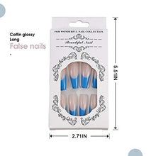 Load image into Gallery viewer, Yean Coffin Fake Nails Ballerina Glossy Long False Nails French Press on Nails Blue and White Full Cover Stick on Nails for Women and Girls(24 pcs)