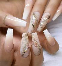 Load image into Gallery viewer, Brishow Coffin False Nails Long Fake Nails Gold Foil Press on Nails Ballerina Acrylic Stick on Nails 24pcs for Women and Girls