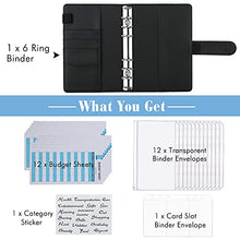 Load image into Gallery viewer, Housolution A6 Budget Binder with Cash Envelopes, PU Leather Notebook Binder Budget Planner 6-Ring Binder Cover with 12 Clear Binder Envelopes Pockets, 12 Expense Budget Sheets & Labels, Black