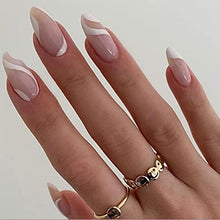 Load image into Gallery viewer, JUSTOTRY 24 Pcs Medium Press on Nails,Nude White Stripes Fake Nails with Designs ,Full Cover Acrylic False Nails, Almond Stick on Nails for Women, Acrylic Nail Tips with Nail Glue for Women Nails Art
