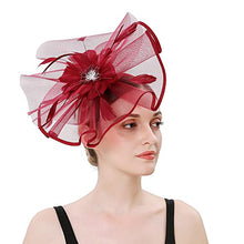 Load image into Gallery viewer, YILEEGOO Women Fascinators Hat Mesh Flower Feathers Hair Clip Hairpin Cocktail Wedding Tea Party Church Hairband (Burgundy, One Size)