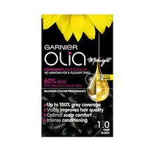 Load image into Gallery viewer, Garnier Olia Permanent Hair Dye, Up to 100% Grey Hair Coverage, No Ammonia, 60% Oils, Midnight 1.0 Deep Black