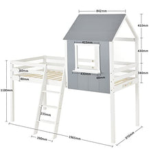 Load image into Gallery viewer, WEALTHGIRL Wooden Bed, Cabin Loft Bed Frame, Pine Wood Frame, Mid-Sleeper with Treehouse Canopy & Ladder, Central Ladder, Shaped with Space-Saving Design for Bedroom Home