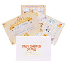 Load image into Gallery viewer, Baby Shower Games. 4 Games Party Pack: Bingo, Charades, Quiz, Trivia + Winners Certificate. Party supplies for 20 people.