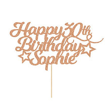 Load image into Gallery viewer, EDSG Personalised Happy Birthday Cake Topper Customised with Any Age Name Party Cake Decoration 16 18 21 40 60 Double Sided Glitter Card Rose Gold