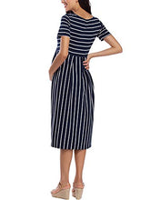 Load image into Gallery viewer, Love2Mi Womens Short-Sleeve Maternity Dress Casual A-Line Midi Pregnant Dress Navy White Stripe L