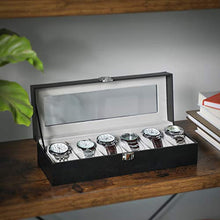 Load image into Gallery viewer, SONGMICS 6-Slot Watch Box, Glass Topped Watch Display Storage Case as Gift, with Velvet Lining, Cushions, and Lock, 30 x 11.2 x 8 cm, Black Synthetic Leather, Grey Lining JWB06BK