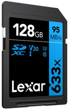 Load image into Gallery viewer, Lexar Professional 633x 128GB SDXC UHS-I Card, Up To 95MB/s Read, for Mid-Range DSLR, HD Camcorder, 3D Cameras, LSD128GCB1EU633 (Product Label May Vary)