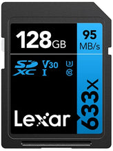 Load image into Gallery viewer, Lexar Professional 633x 128GB SDXC UHS-I Card, Up To 95MB/s Read, for Mid-Range DSLR, HD Camcorder, 3D Cameras, LSD128GCB1EU633 (Product Label May Vary)