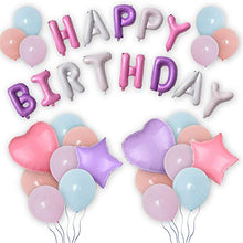 Load image into Gallery viewer, Pannu Design Mix colour Pastel Balloon arch kit, colourful Garland, Mix Macaron colour Happy Birthday Banner, Pink Heart & Purple Star foil with pink ribbons. For Baby shower, kids birthdays. 79 pcs