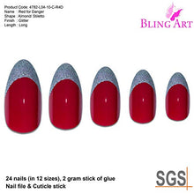 Load image into Gallery viewer, Bling Art Almond False Nails Fake Stiletto Red 4 Danger Glitter 24 Long Tip Glue