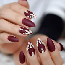 Load image into Gallery viewer, EchiQ 3D Shinning Rhinestones Matte Burgundy Stiletto Fake Nails Oval Almond Pointed Frosted Press on Designs False Wear Nail