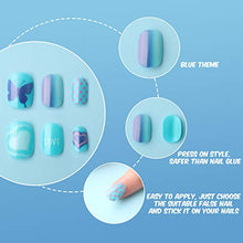 Load image into Gallery viewer, 120 Pieces Kids Press on Nails Children Fake Nails Artificial Nail Tips Girls Full Cover Short False Fingernails for Girls Kids Nail Art Decoration (Blue Color)