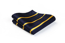 Load image into Gallery viewer, HISDERN Striped Wedding Tie Handkerchief Men's Necktie & Pocket Square Set (Yellow & Navy)