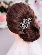 Load image into Gallery viewer, Anglacesmade Bridal Sapphire Crystal Hair Comb Pearl Blue Crystal Leaf Marquise Hair Piece Prom Party Festival Wedding Hair Accessories for Women and Girls (Silver)