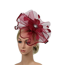 Load image into Gallery viewer, YILEEGOO Women Fascinators Hat Mesh Flower Feathers Hair Clip Hairpin Cocktail Wedding Tea Party Church Hairband (Burgundy, One Size)