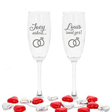 Load image into Gallery viewer, Personalised Engraved Engagement Set of 2 Champagne Flute Glass Set Asked Said Yes with Names Congratulations on Your Engagement Gift (Filled with Chocolate Hearts)