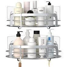 Load image into Gallery viewer, STEUGO Shower Corner Caddy, Bathroom Corner Shower Shelf, Adhesive Wall Mounted Shower Shelving with 4 Movable Hooks, SUS304 Stainless Steel Bath Storage Organizer, 2 Pack