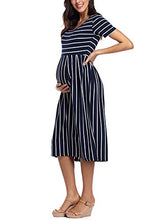 Load image into Gallery viewer, Love2Mi Womens Short-Sleeve Maternity Dress Casual A-Line Midi Pregnant Dress Navy White Stripe L