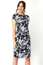 Load image into Gallery viewer, Roman Originals Women Twist Knot Ruched Waist Dress - Ladies Shift Pencil Smart Lined 3/4 & Short Sleeve Round Neckline Knee Length Work Fitted Bodycon Stretchy Jersey - Navy & White - Size 12