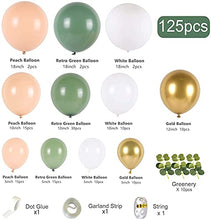 Load image into Gallery viewer, Sage Green Balloon Garland Kit - 125Pcs Eucalyptus Garland, Retro Olive Green, Peach White and Gold Latex Balloons Arch Kit for Wedding Birthday, Baby & Bridal Shower Decorations