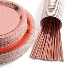 Load image into Gallery viewer, 24 Guests Rose Gold Party Supplies Party Plates Paper Cups Napkins Straws Table Cloth for Birthday Wedding Engagement Hen Party Decorations Rose Gold Party Tableware