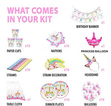 Load image into Gallery viewer, HUGE 102 PIECE 16 Guests Unicorn Party FREE PRINCESS BALLOONS Supplies Unicorn Party Balloons, Plates, Cups, Napkins, Table Cloth, Banner AND MORE!!! Unicorn Birthday Party Decorations for Girl