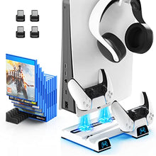 Load image into Gallery viewer, OIVO PS5 Stand with Cooling Fan and dual PS5 Charging Station with Headphone Stand in Mini Size for Playstation 5 PS5 Console, Space Saving PS5 Fan with PS5 Controller Charger and 10 Game Storage