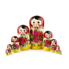 Load image into Gallery viewer, Heka Naturals Russian Nesting Dolls, 10 Traditional Matryoshka Classic Semyonov Red Style | Wooden Doll Gift Toys, Hand Made in Russia | Semyonov Red, 10 piece, 25 cm (9.85 inches)