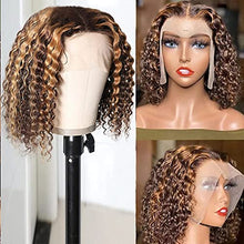 Load image into Gallery viewer, Highlight Human Hair Lace Front Wigs Deep Wave #4/27 Ombre Paino Colored Glueless Wigs Pre Plucked 13x4 Lace Frontal Wig Curly Water Wave Lace Wig Honey Blonde Real Human Hair 180% Density(10 Inch)