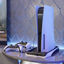 Load image into Gallery viewer, Q-View PlayStation 5 Vertical Stand, 4 in 1 Docking Station, Controller Charger, Cooling Fan and Games Storage Tray for PS5 Console, Disk and Digital Version PlayStation 5 Compatible (White/Black)