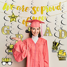 Load image into Gallery viewer, ADXCO Graduation Party Decorations 2022 Graduation Hanging Swirls Foil Ceiling Streamers with We Are so Proud of You Banner for School Classroom Grad Party Decor Supplies (Black and Gold)