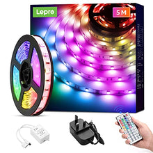Load image into Gallery viewer, LED Strip Light with Remote 5M, Lepro Dimmable RGB LED Strips Colour Changing Room Lights, Stick on LED Lights for Bedroom, Kitchen, Kids Room (Plug and Play, 150 Bright 5050 LEDs)